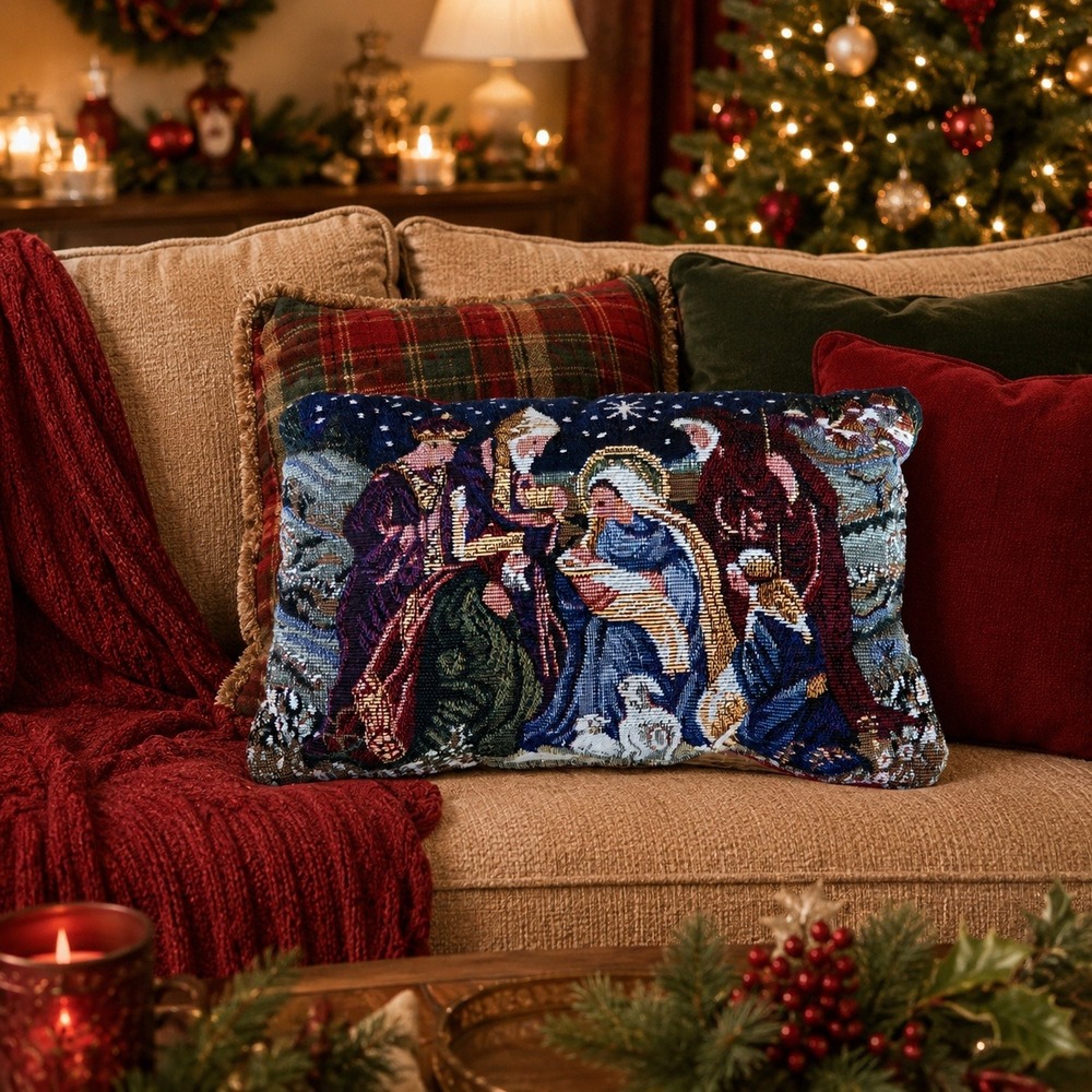 Vintage Tapestry Nativity Scene Decorative Accent Rectangle Pillow Christmas